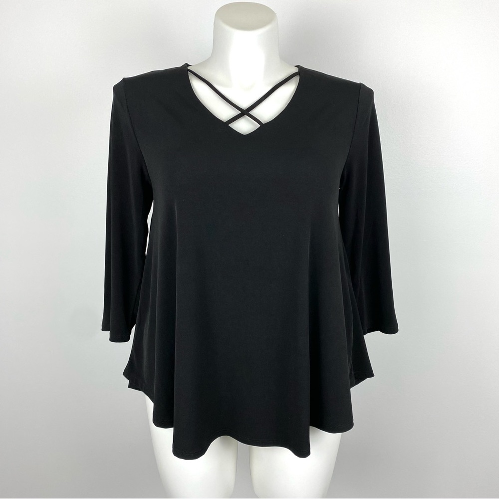 Chico’s Caged Knit Top in Black 3/4 Sleeve Stretchy M